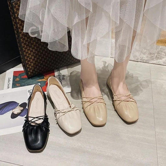Soft Leather Peas Shoes Women's Single Shoes Wild Square Toe Elastic Buckle Women Low-heeled Leather Shoes Retro British Style