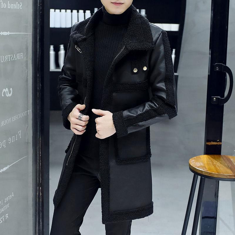 Men's Mid-length Leather Jacket Slim-fit Korean Style Handsome Winter Plush Thick Fur Coat