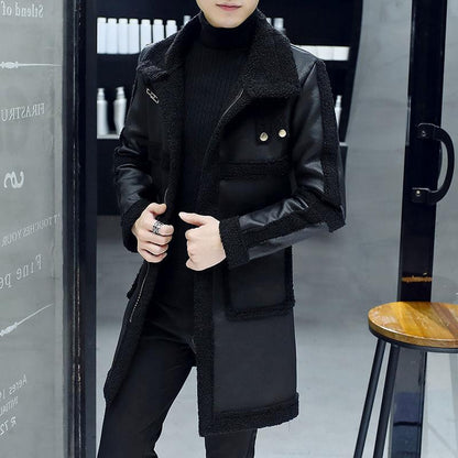 Men's Mid-length Leather Jacket Slim-fit Korean Style Handsome Winter Plush Thick Fur Coat