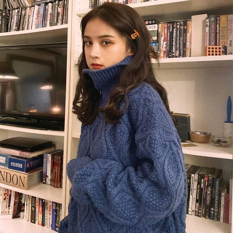 Pofulove Korean Solid Color Thick Turtleneck Female Autumn Winter Lazy Loose Twist Knitted Pullover