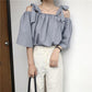 Striped Shirt Women's Lace-up Short-sleeved Shirt Loose One-shoulder Top Chiffon Loose Sweet and Elegant Ladies Off-shoulder Shirt