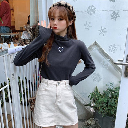 Pofulove Half-high Collar Plus Velvet Winter New Students Slim Warm Inner Long-sleeved Women