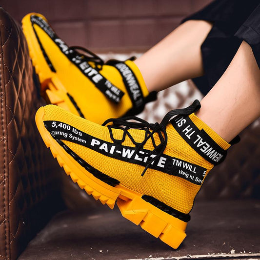 Fashion High-top Breathable Flying Woven Socks, Spring and Autumn Thick-soled Martin Men's Shoes