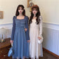 French Dress Korean Style Mid-length Long-sleeved Square Neckline Mesh  Receiving Waist Slim Skirt