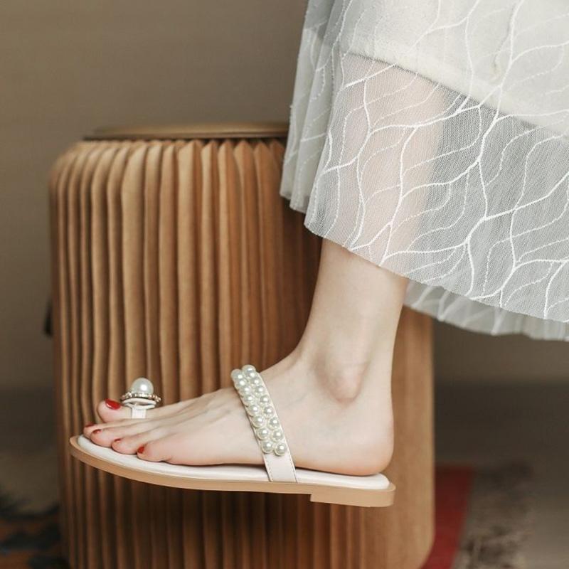 Sandals Women's Summer Flat Bottom All-match Pearl Rhinestone Sandals Fairy Style Beach Slippers Women's Outer Wear