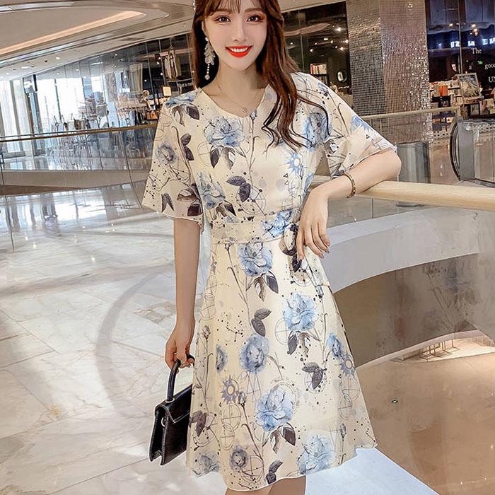 Pofulove S-4XL Women Summer Sweet Printed Chiffon Dress Slim Midi-length V-neck A-line Beach Skirt
