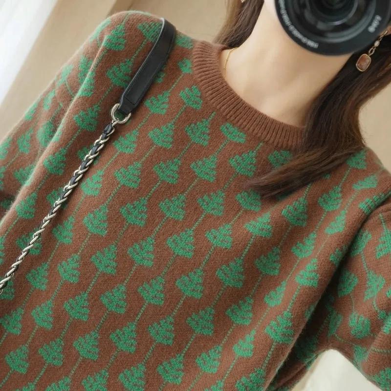 Sweater Women's Knitwear Pullover Round Neck Jacquard Korean Loose Top Trending Sweater Autumn and Winter Fluffy Top
