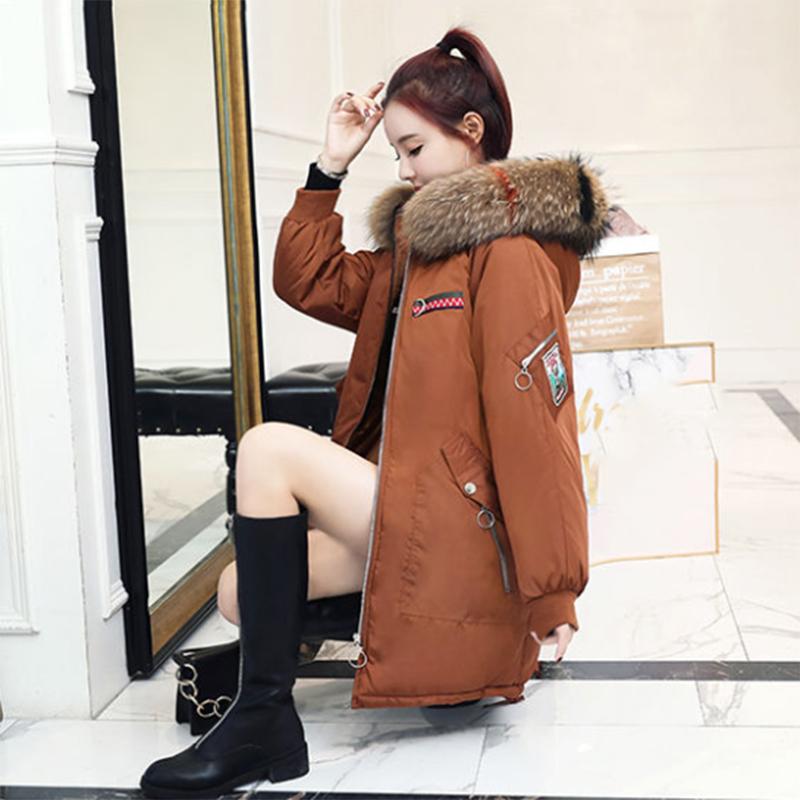 Women's Solid Color Embroidered Down Jacket Mid-length Korean Style Loose Thick Coat Warm Cotton Coat Large Fur Collar Winter Quilted Jacket