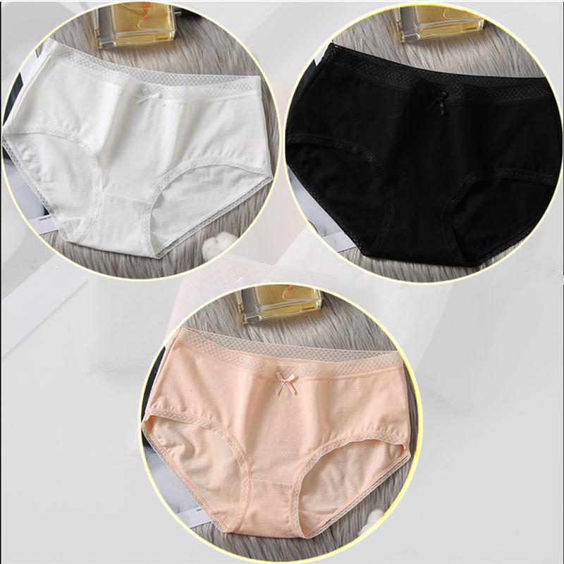 3pc Pure Cotton Panties Ladies Mid Waist Sexy Lace Comfortable Breathable Seamless Triangle
