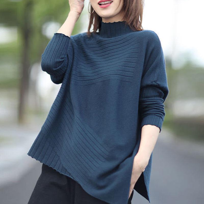 Spring and Autumn Half High Neck Knitted Sweater Loose Wild Pullover Pure Color Simple Female Sweater