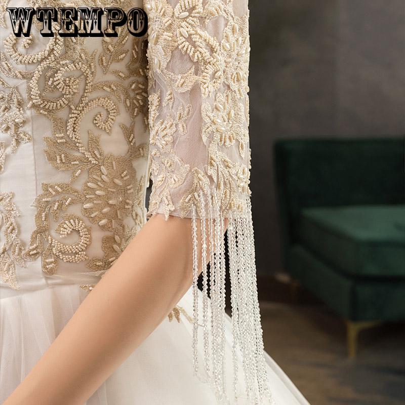 Gorgeous Ball Gown V Neck tassel Sleeves Lace Champagne Long Wedding Dresses Bridal Gown