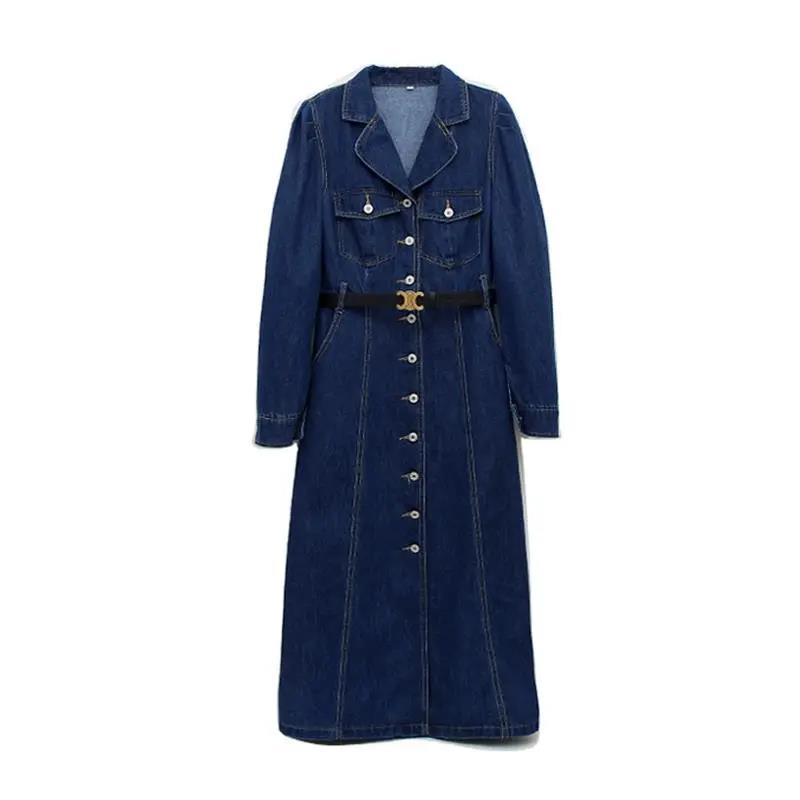 Denim Dress Women Autumn and Winter Korean Style Slim Single-breasted Long-sleeved Mid-length Dress