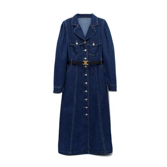 Denim Dress Women Autumn and Winter Korean Style Slim Single-breasted Long-sleeved Mid-length Dress