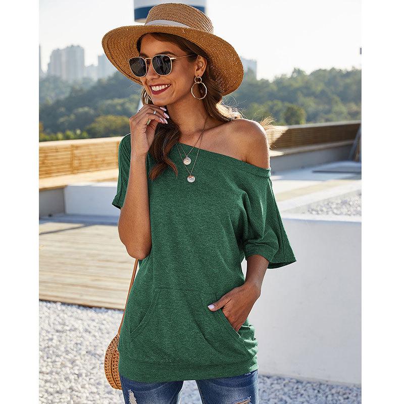 Solid T-shirt Casual Personality Pocket Shirt Summer One Shoulder Top Aesthetic Clothes Loose Shirts for Women Harajuku Blouse Female Lazy Shirts