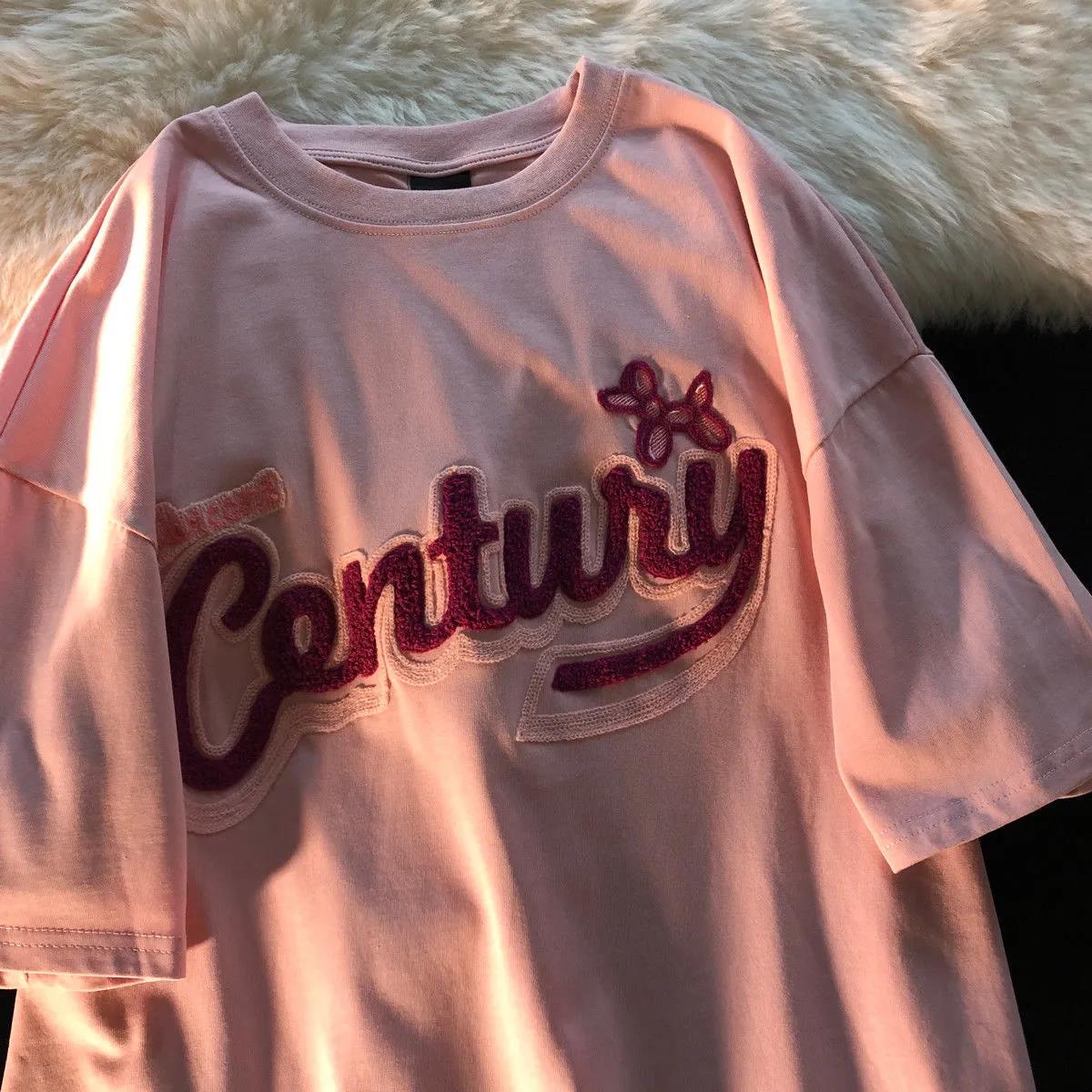 Plush embroidered Polyester Women's Summer round collar  Tees Loose Breathable  Simple Short Sleeve Harajuku all-match Cartoons style T Shirt Tops