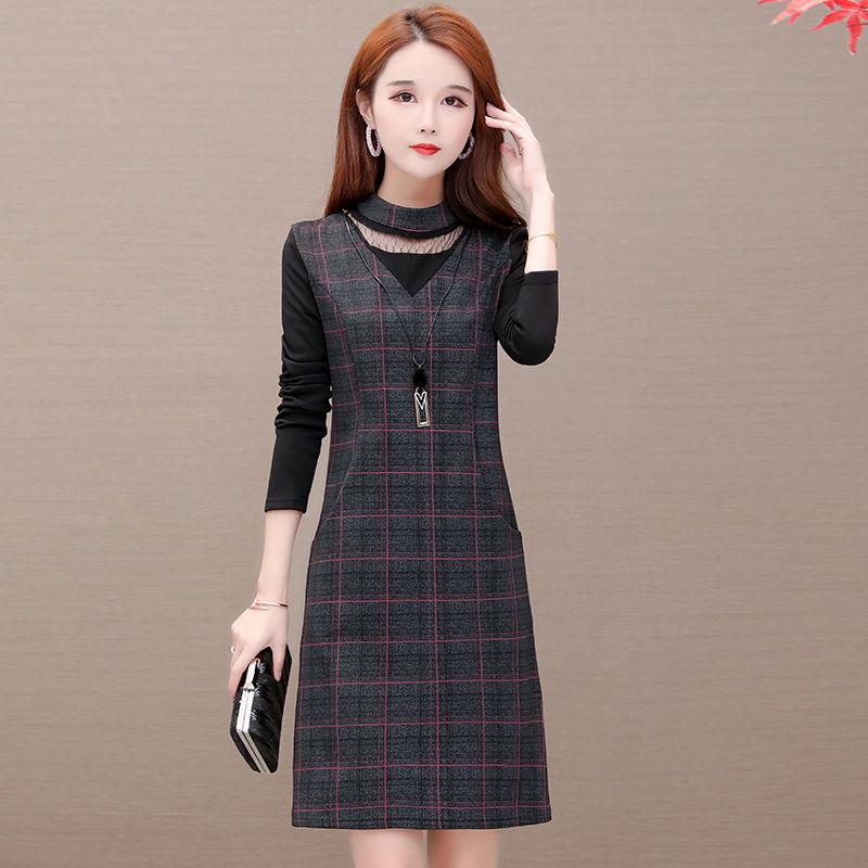 Fashion plaid long-sleeved dress female spring and autumn plus size dress waist was thin skirt