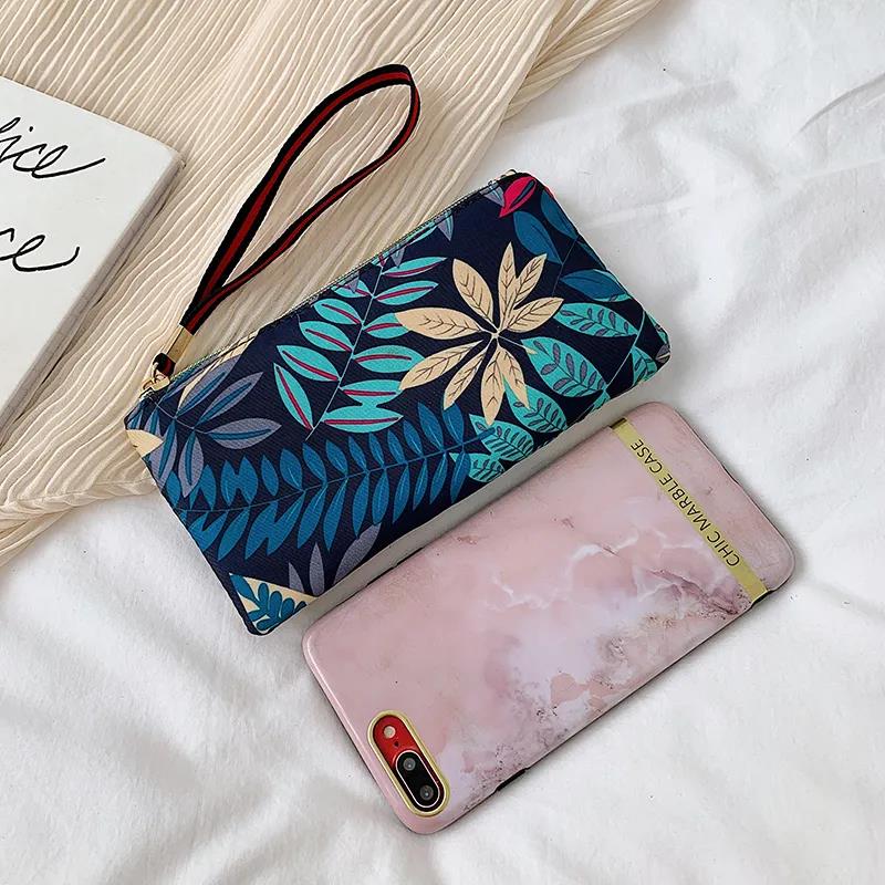 Women Clutches Printing Canvas Bag Portable Handbag Multi-Layer Wallets with Coin Pocket Zipper Purse