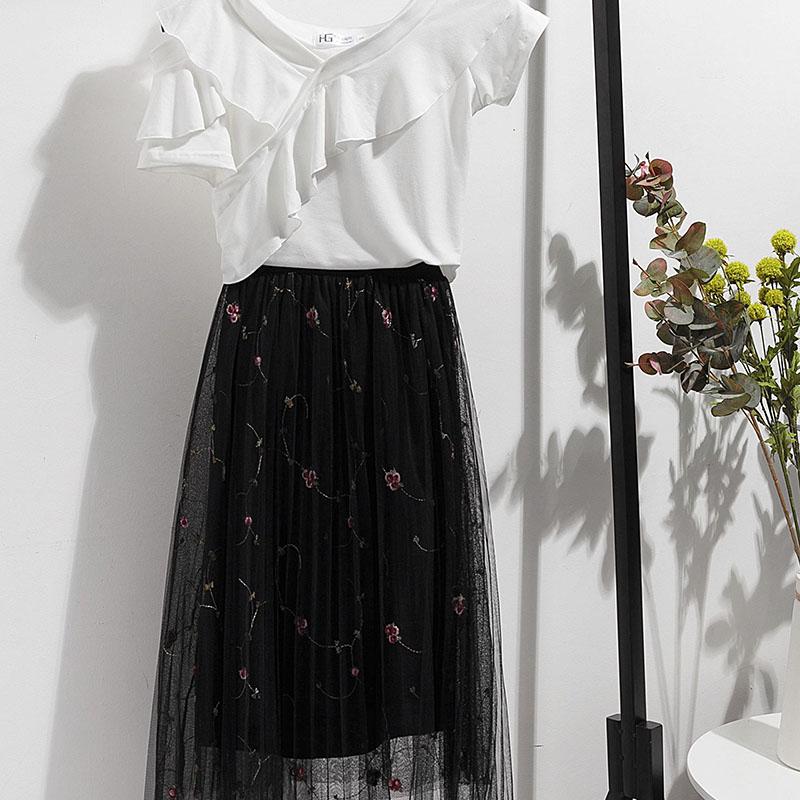 Fashion Summer Women Skirt Suit Printed T-shirt Multilayer Mesh Skirt Two-piece Set Elegant Outfits