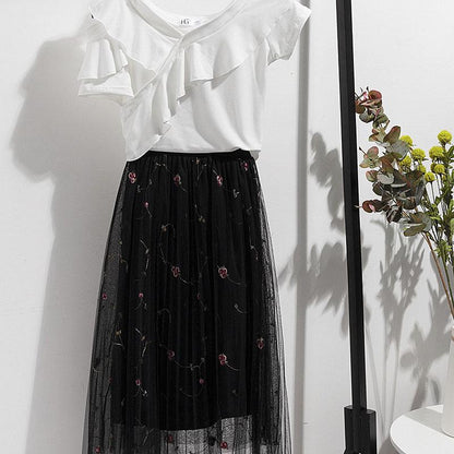 Fashion Summer Women Skirt Suit Printed T-shirt Multilayer Mesh Skirt Two-piece Set Elegant Outfits