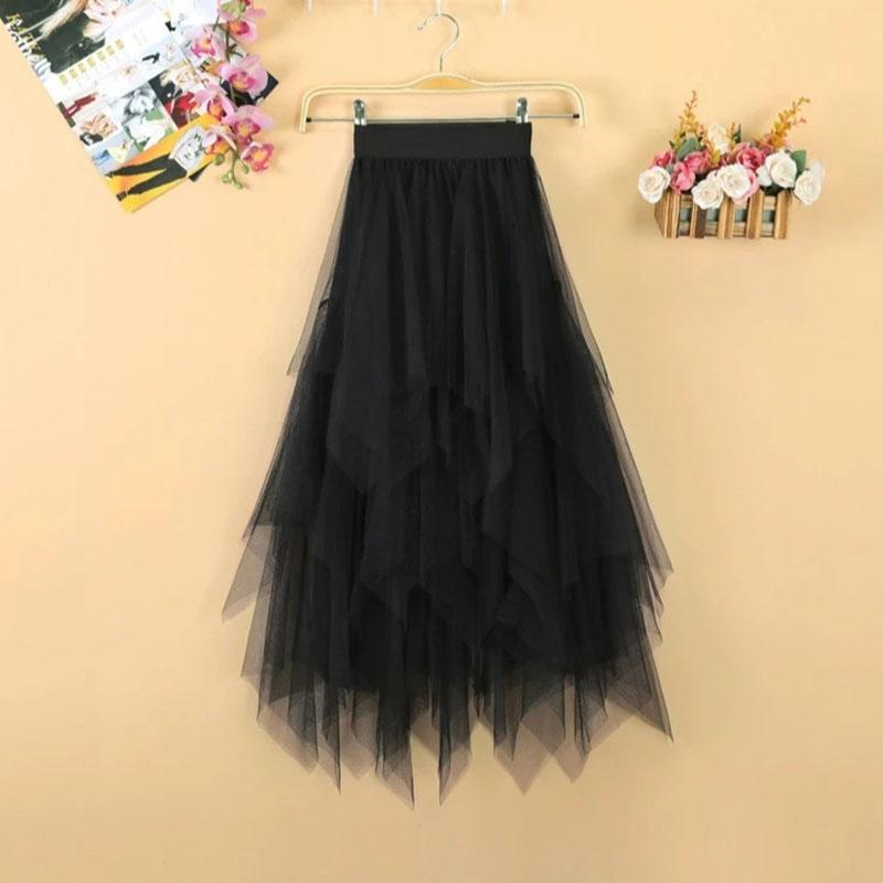 Y2k Skirt Skirts Womens Summer Black Pleated Skirt Solid Color Elastic High Waist A-line Skirts Irregular Mid-length Mesh Skirt
