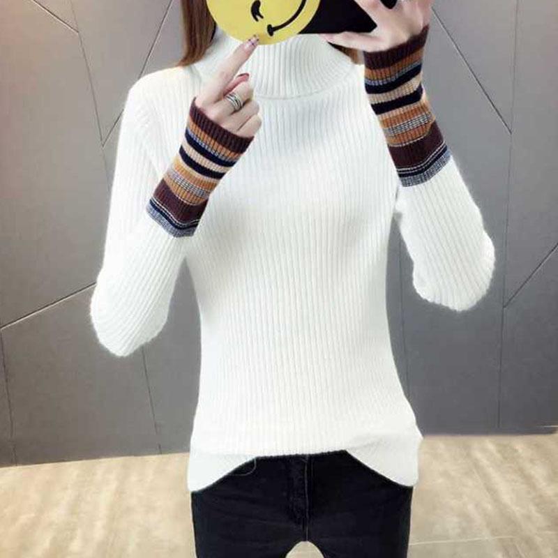 Pofulove  Women Striped Turtleneck Sweater Autumn Winter Long Sleeve Slim Knitted Pullover Sweater