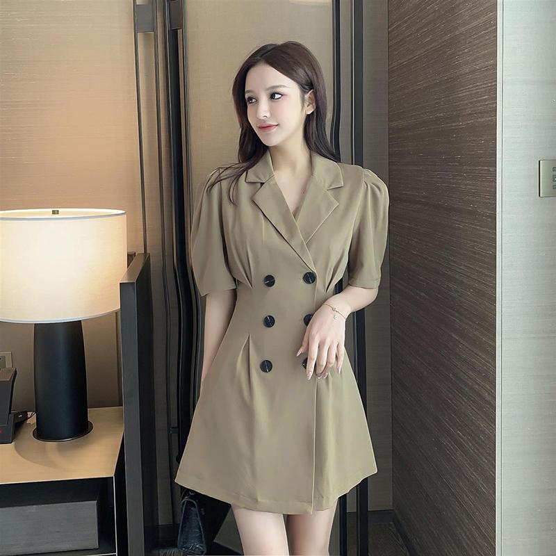Summer Waist Thin Suit Collar Dress All-match Temperament Can Be Salty or Sweet Midi Skirt Women's Solid Color Casual A-line Skirt