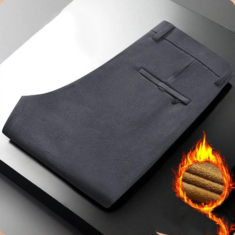 Men's Casual Pants Loose Straight-leg Bussiness Trousers Pants Autumn Winter Thick High-waist Stretch and Fleece Trousers Solid Outdoor Long Pants