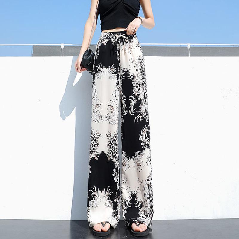 Color Striped Wide-leg Pants Ladies Summer High Waist Loose Thin Ice Silk Straight and Thin Casual Mopping Trousers