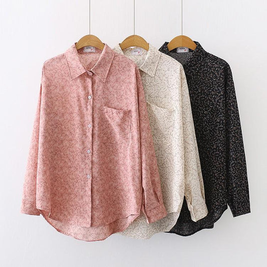 Korean Version of Spring Jacket Long-sleeved Design Sense Niche Chiffon Floral Shirt Women