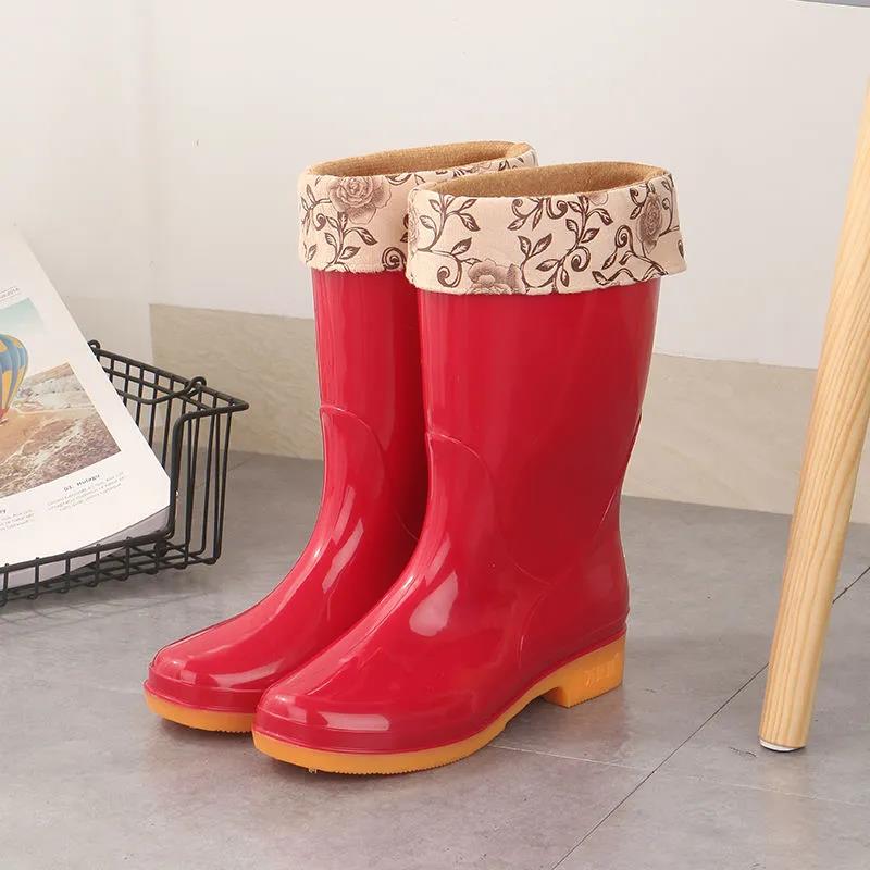 Autumn and Winter Rain Boots Female Adult Mid-tube Rain Boots Rubber Shoes Non-slip Plus Velvet Cotton Warm Waterproof Shoes