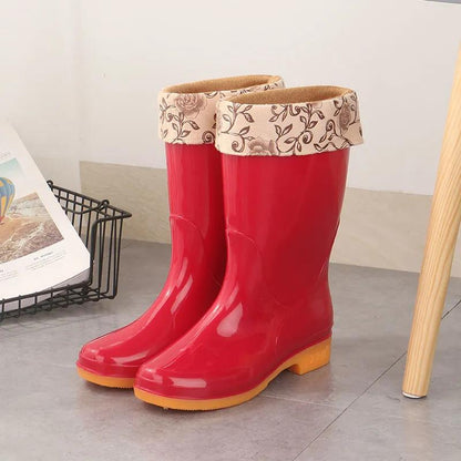 Autumn and Winter Rain Boots Female Adult Mid-tube Rain Boots Rubber Shoes Non-slip Plus Velvet Cotton Warm Waterproof Shoes