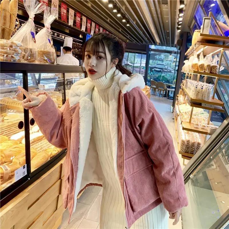 Cotton Plus Velvet Loose Hooded Corduroy Long-sleeved Cotton-padded Jacket Female Student