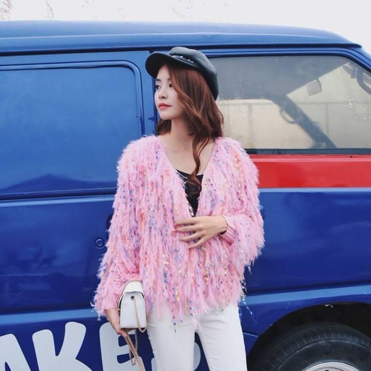 Pofulove 8 Colors Women Fuzzy Tassel Cardigan Knitwear Skin-friendly Sweater Chic Knitting Top