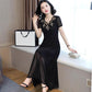Black High Waist Pleated Party Dress Women Deep V Neck Full Sleeve Dress Summer Fit Flare Beach Dress Party Night