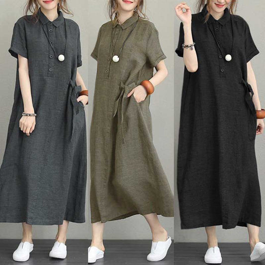 POLO Collar Cotton Linen Lapel Short Sleeve Loose Pocket Temperament Women's Casual Dress