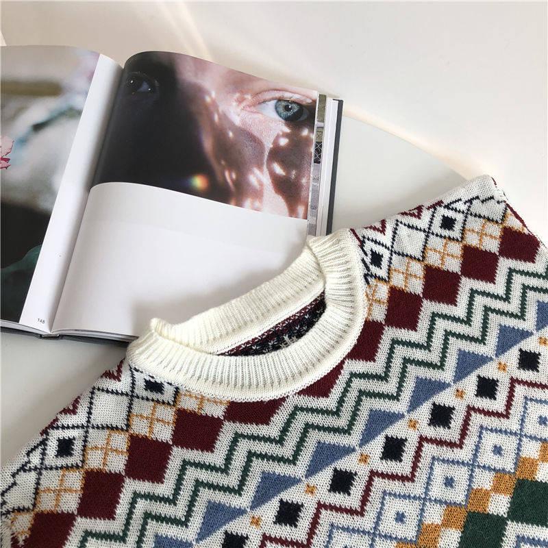 Winter College Wild Sweater O- Neck Loose Printed Harajuku Style Knitted Pullover Sweater Women