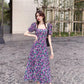 Women's Summer Puff Sleeve Floral Skirt Mid Length Slit Square Neck Dress