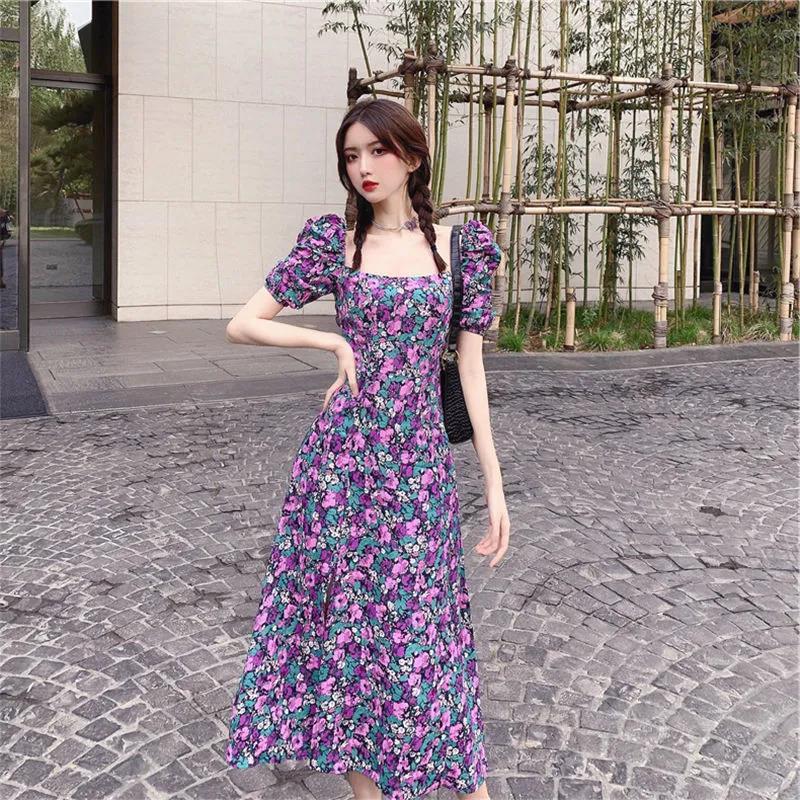 Women's Summer Puff Sleeve Floral Skirt Mid Length Slit Square Neck Dress