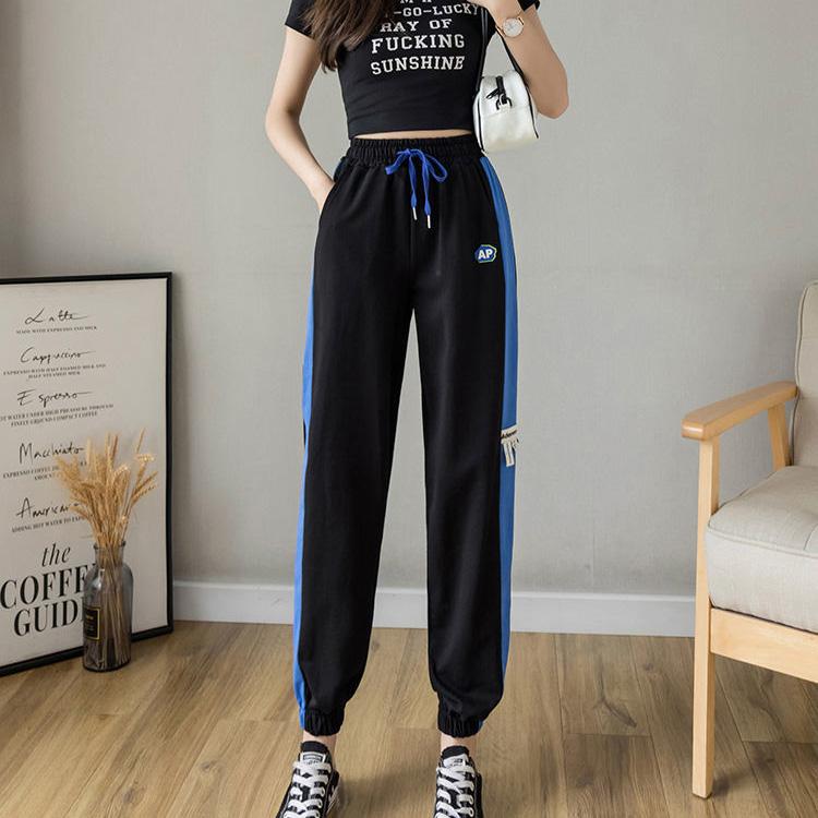 WTEMPO Stitching Stripes Sport Pants Elastic Waist Joggers Casyal Women Long Sweatpants Loose Casual Solid Color Baggy Trousers