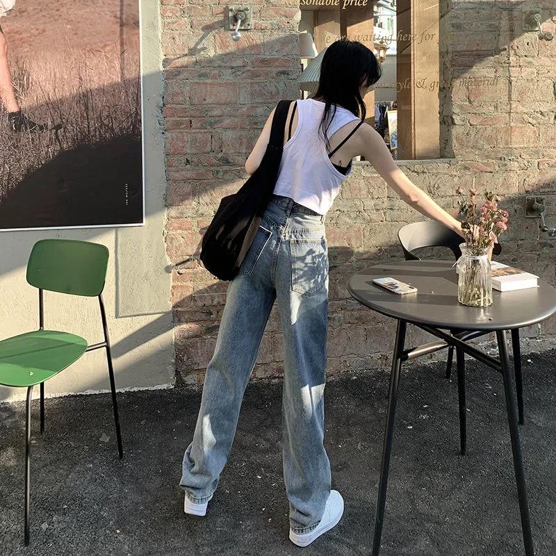 Irregular Wrong Waist Straight Jeans Women's European and American Retro High Waist Loose and Thin All-match Dad Wide-leg Mopping Pants