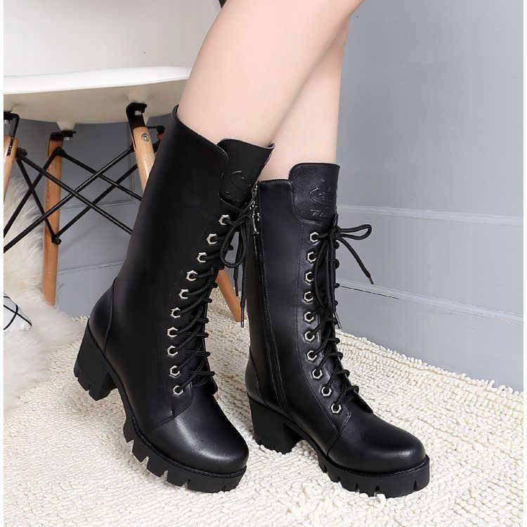 Boots Women Leather Middle Lace-Up Thick Martin Boots Shoes Outdoor PU Leather Winter Female Shoes