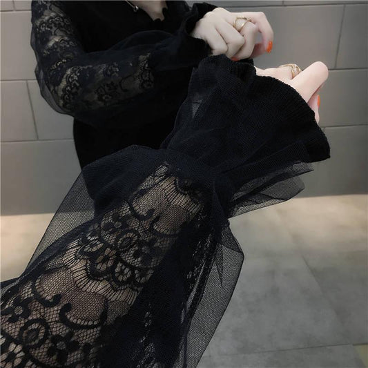 Stitching Lace Knitted Sweater Women Spring and Autumn Loose Lantern Sleeve Bottoming Shirt