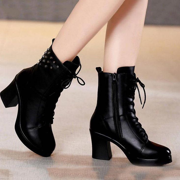 Boots Women Ankle Boots Genuine Leather Women Round Toe Chelsea Boots High Heel Boots Snow Boots