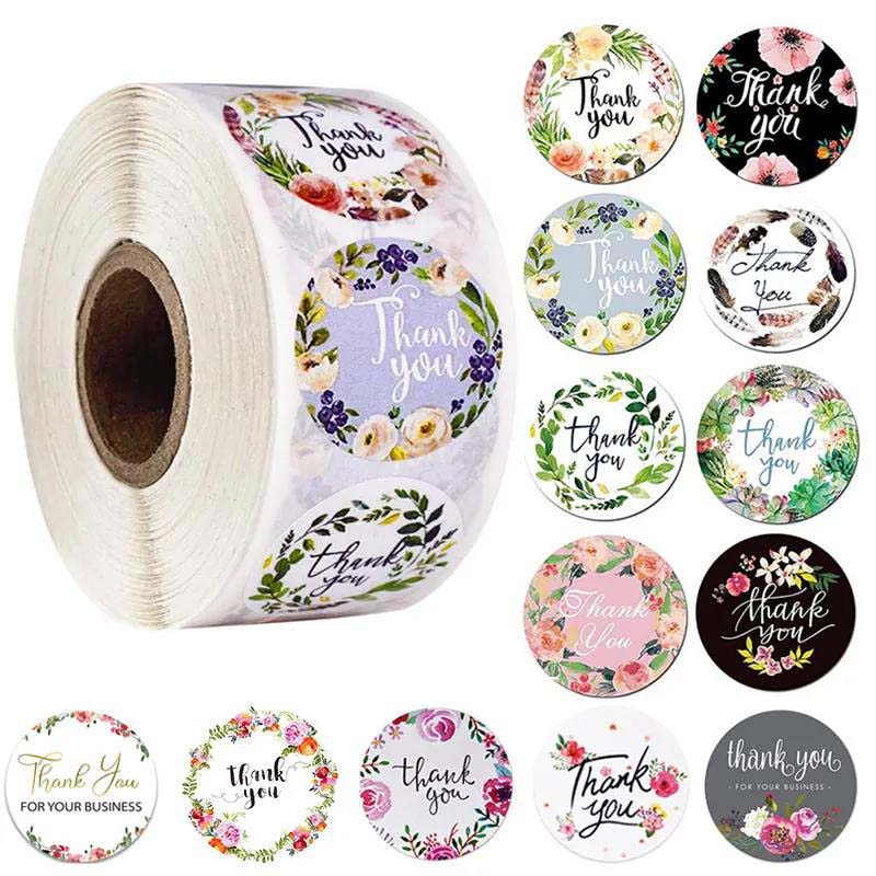 500 Pcs1.5cm Round Flower Thank You Sticker Roll Sealing Sticker 8 Patterns Holiday Gift Decoration Stationery Sticker