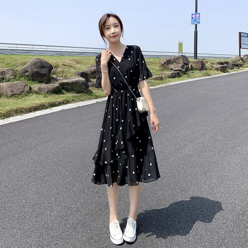 Ruffle Polka Dot Chiffon Dress Women's Short Trumpet Sleeve V-Neck Knee-length Daily Dating Party Office Wear