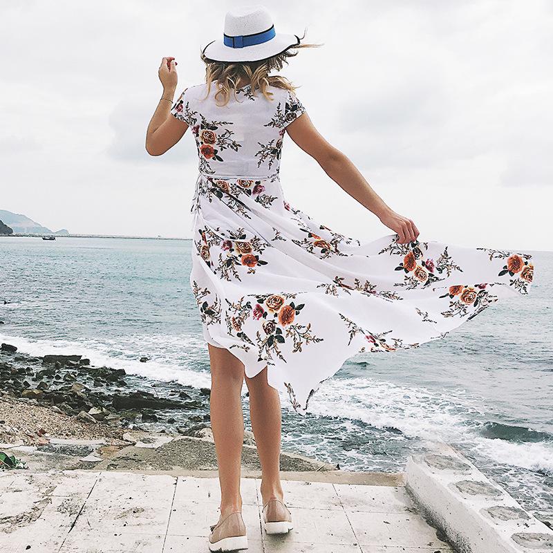Women Sexy V-neck Printed Chiffon Sexy Split Beach Beach Holiday Casual Dress