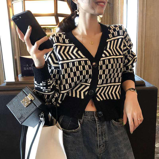 Spring and Autumn Knitted Sweater Cardigan V-neck Loose Jacket Retro Short Youth Women's Top