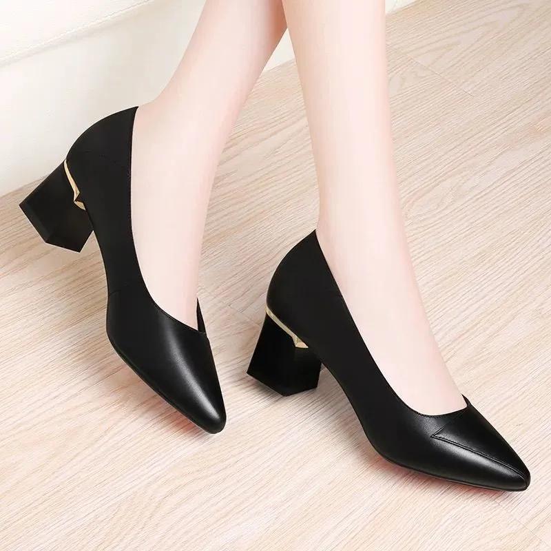 Women Heels Leather Black Shoes Office Ladies Shoes Square Heel Pumps Pointed Toe Fashion Designer