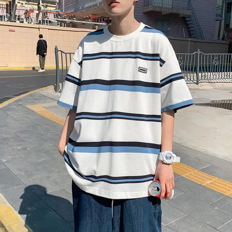 Striped T-shirt Men's Short-sleeved Summer Loose All-match  Version of The Trend  Five-point Sleeve T-shirt Tide Students