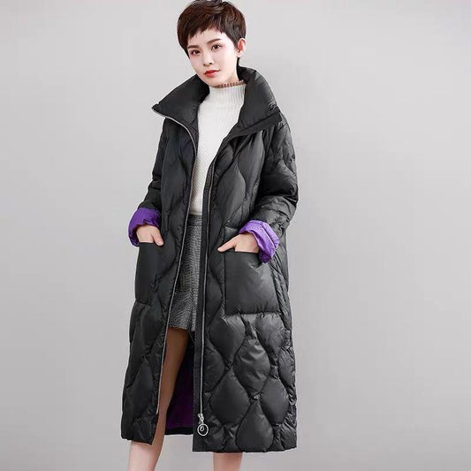 Stand-up Collar Down Jacket Women Slim Thick Loose Over The Knee Long Coat